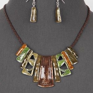 208-Fashion Bib Necklace Set-Brown/Green